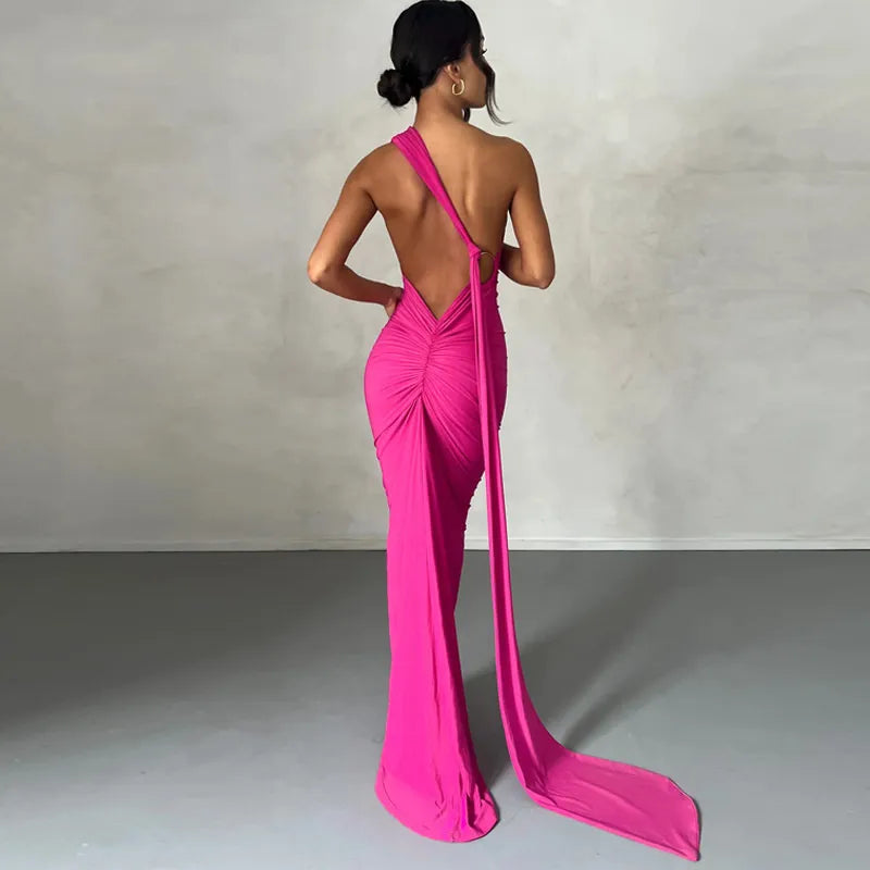 Oblique Shoulder Backless Maxi Dress Back Strap Sleeveless Long Dress