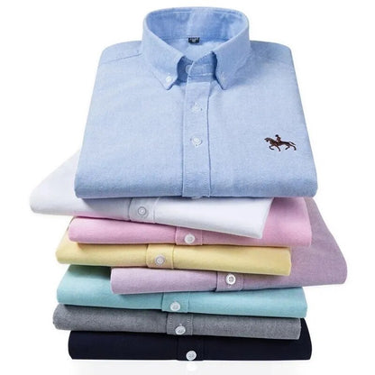 Cotton Oxford Shirts Men Long Sleeve Horse Casual No Pocket Solid