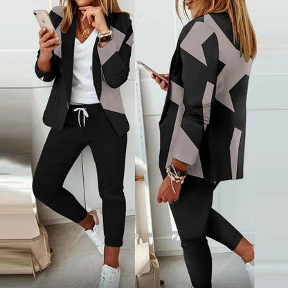 Elegant Office Women Blazers Pants Outfit Print Long Sleeve 2 pcs