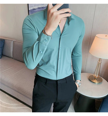 Stretchy High Elasticity Men Shirts Long Sleeve Slim Fit Casual