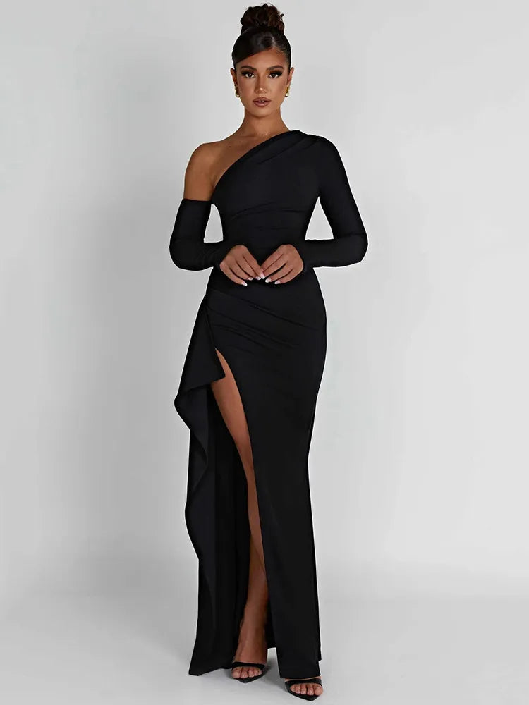 Oblique Shoulder Thigh Split Maxi Dress Long Sleeve Backless Bodycon Long