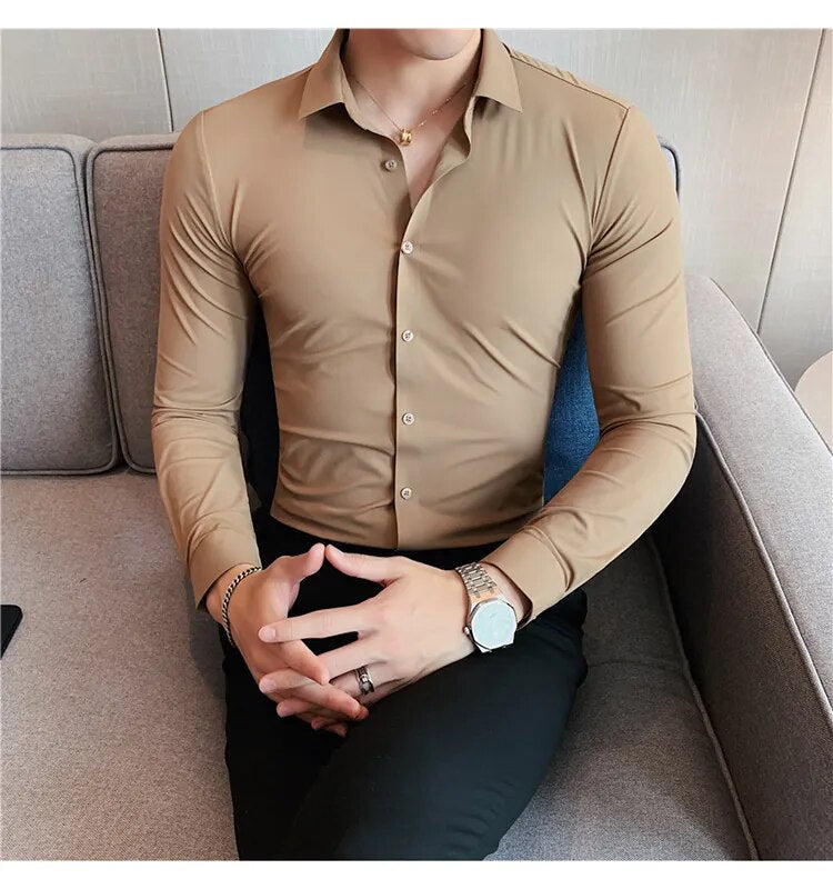 Stretchy High Elasticity Men Shirts Long Sleeve Slim Fit Casual