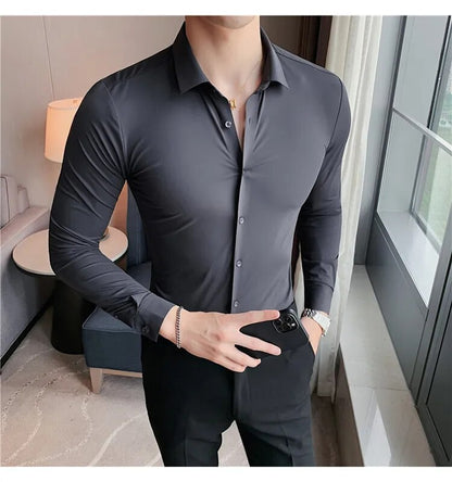 Stretchy High Elasticity Men Shirts Long Sleeve Slim Fit Casual