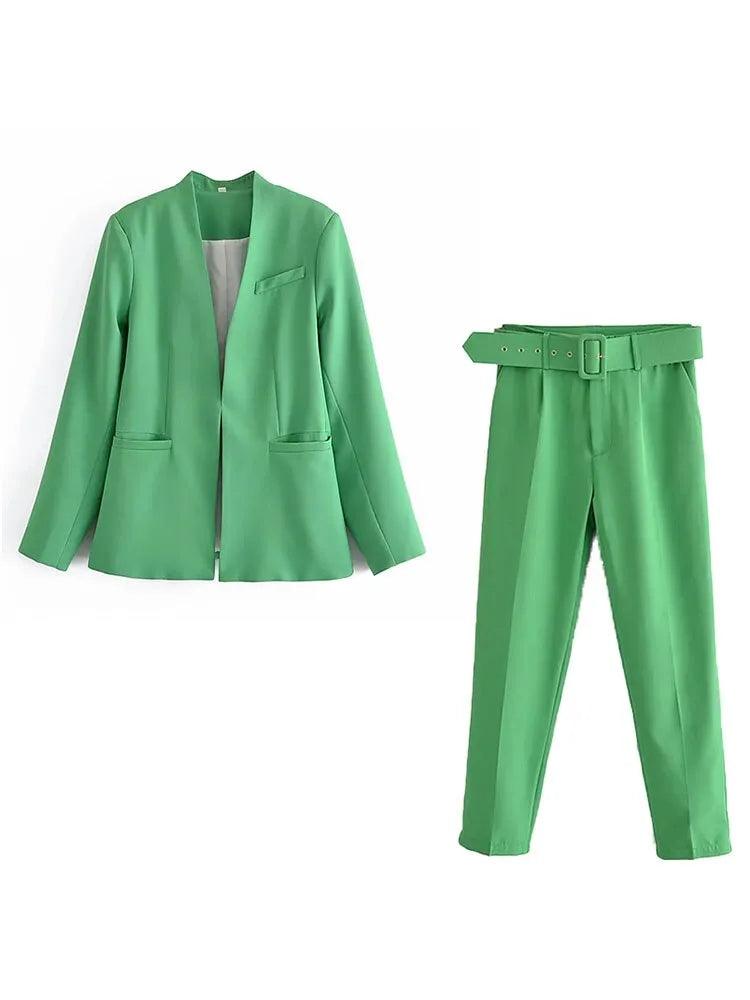 Two Pieces Set Office Wear Blazers Coat With Belt High Waist