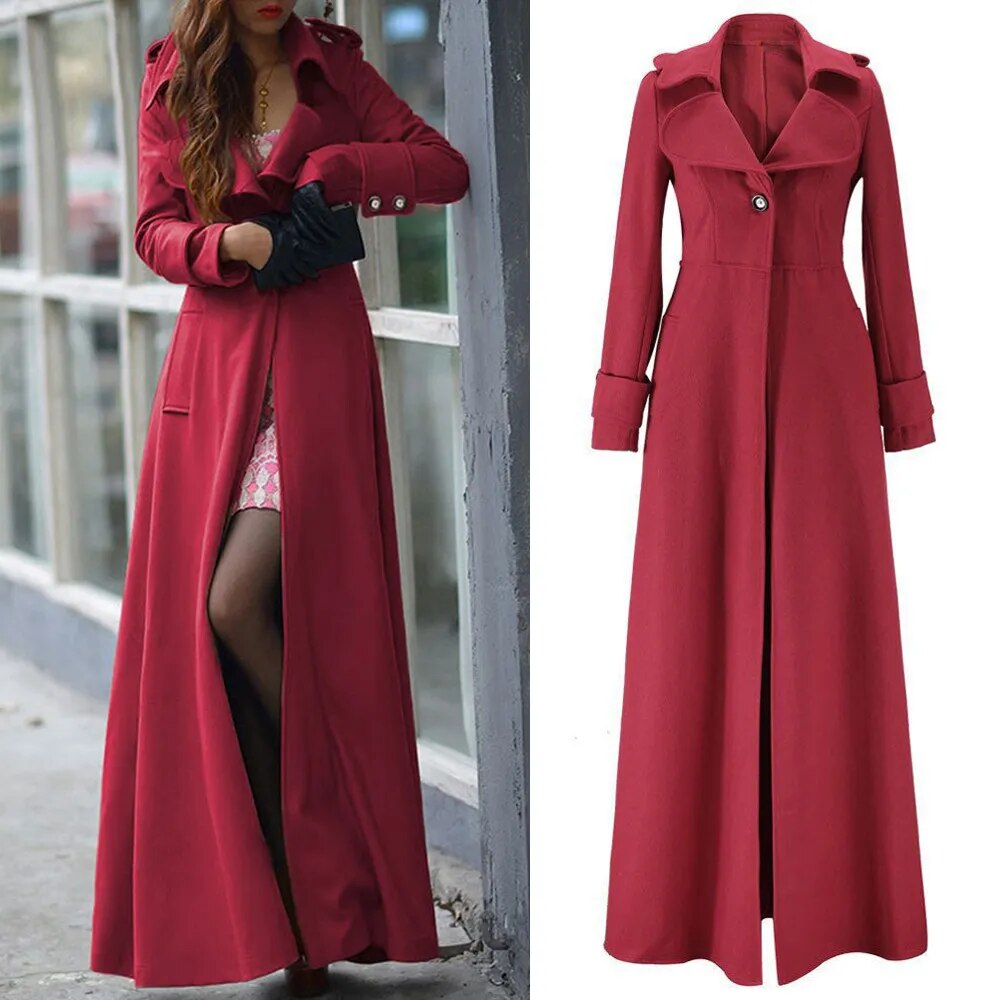 Long Wool Coat Winter Slim Elegant One Button Windbreaker