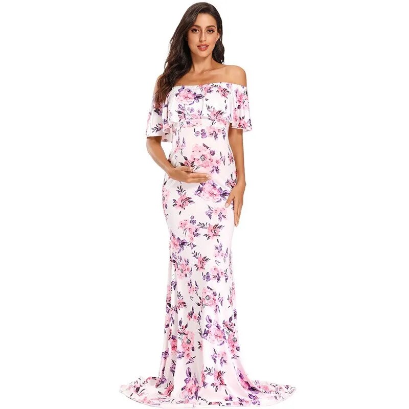 Maternity Elegant Slim Off Shoulder Long Dresses