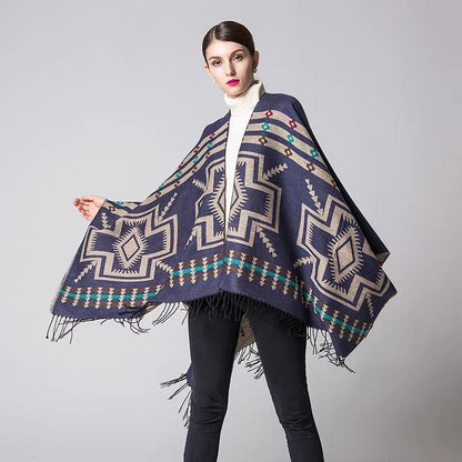 Tassel Cashmere Fork Shawl Poncho