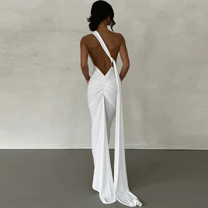 Oblique Shoulder Backless Maxi Dress Back Strap Sleeveless Long Dress