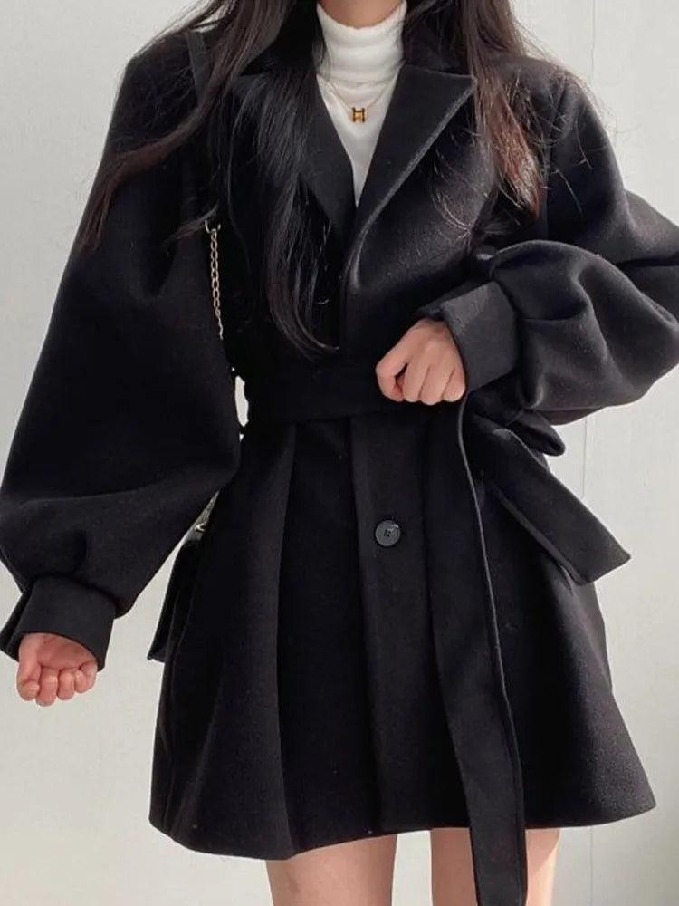 Long Puff Sleeve Clothes Autumn Elegant Belt Coat Women Chic Midi