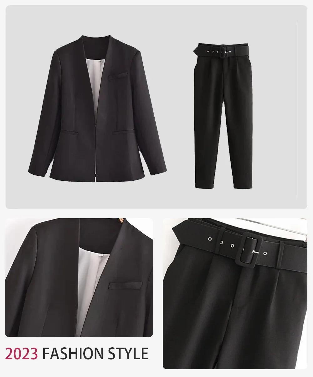 Two Pieces Set Office Wear Blazers Coat With Belt High Waist