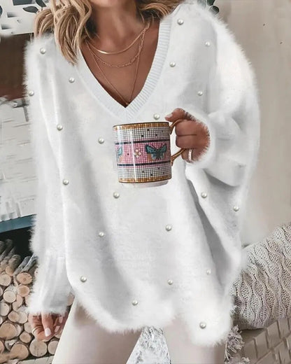 Beaded Long Sleeve Fluffy Top Pullover V Neck Loose Top Sweaters