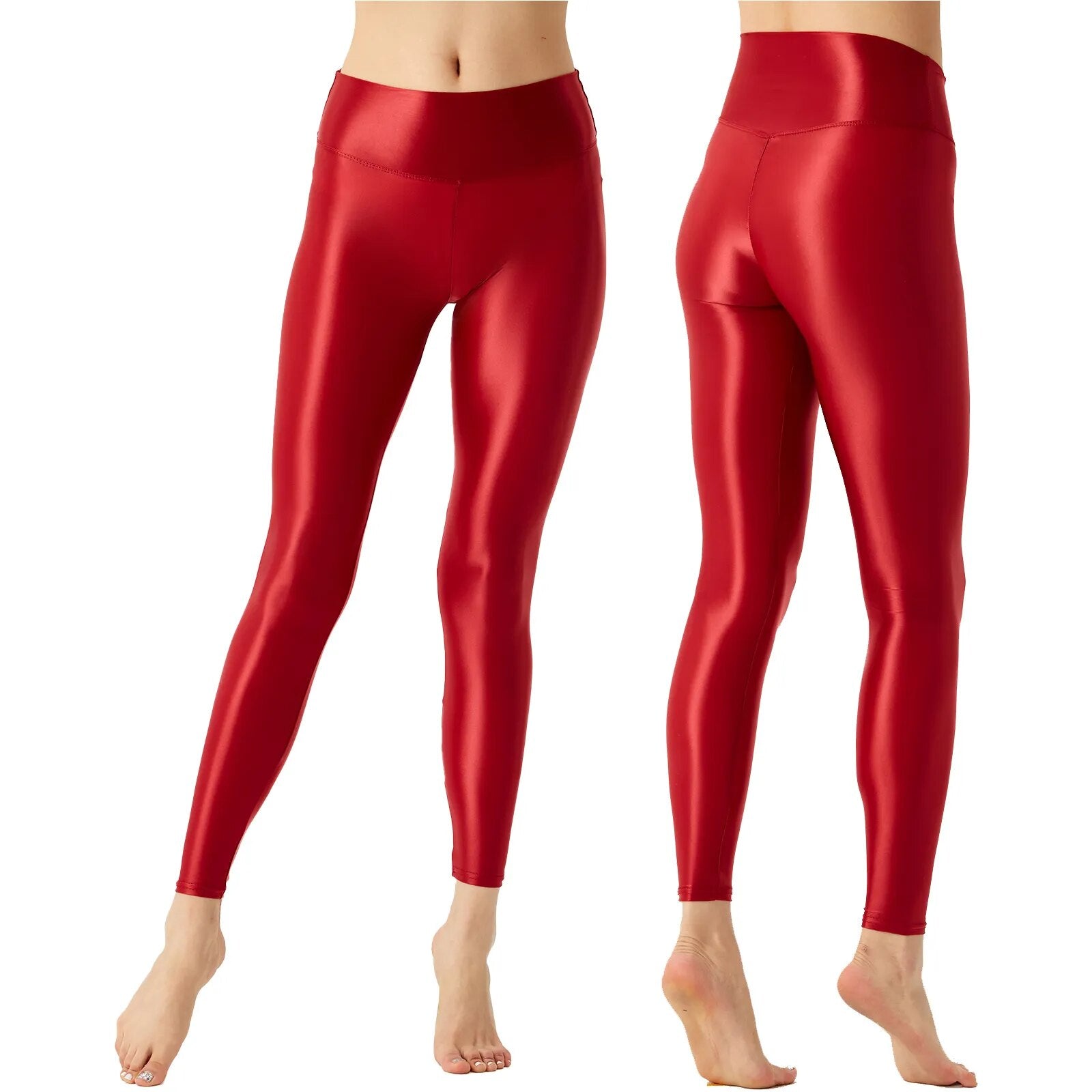 Solid Glossy Pilates Yoga Fitness Wide Elastic Waistband Leggings Stretchy Pants