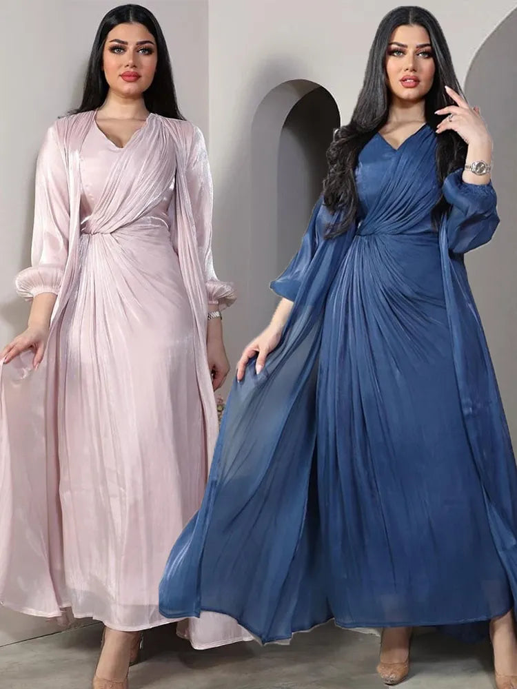 2 Piece Set Silky Satin Kaftan Abaya