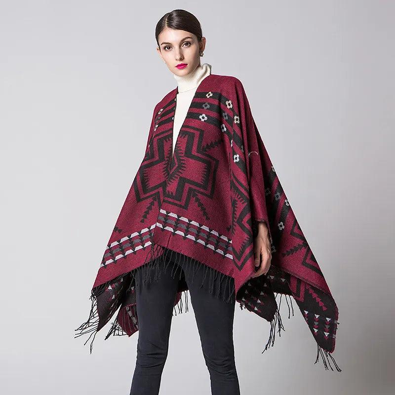 Tassel Cashmere Fork Shawl Poncho