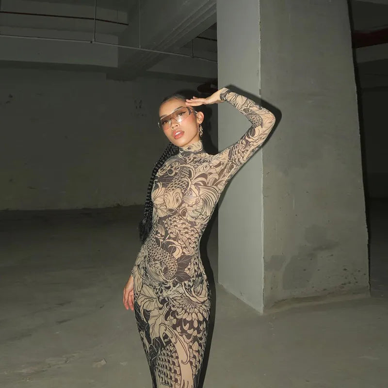 Long Sleeve Mesh See Through Streetwear Bodycon Long Dress