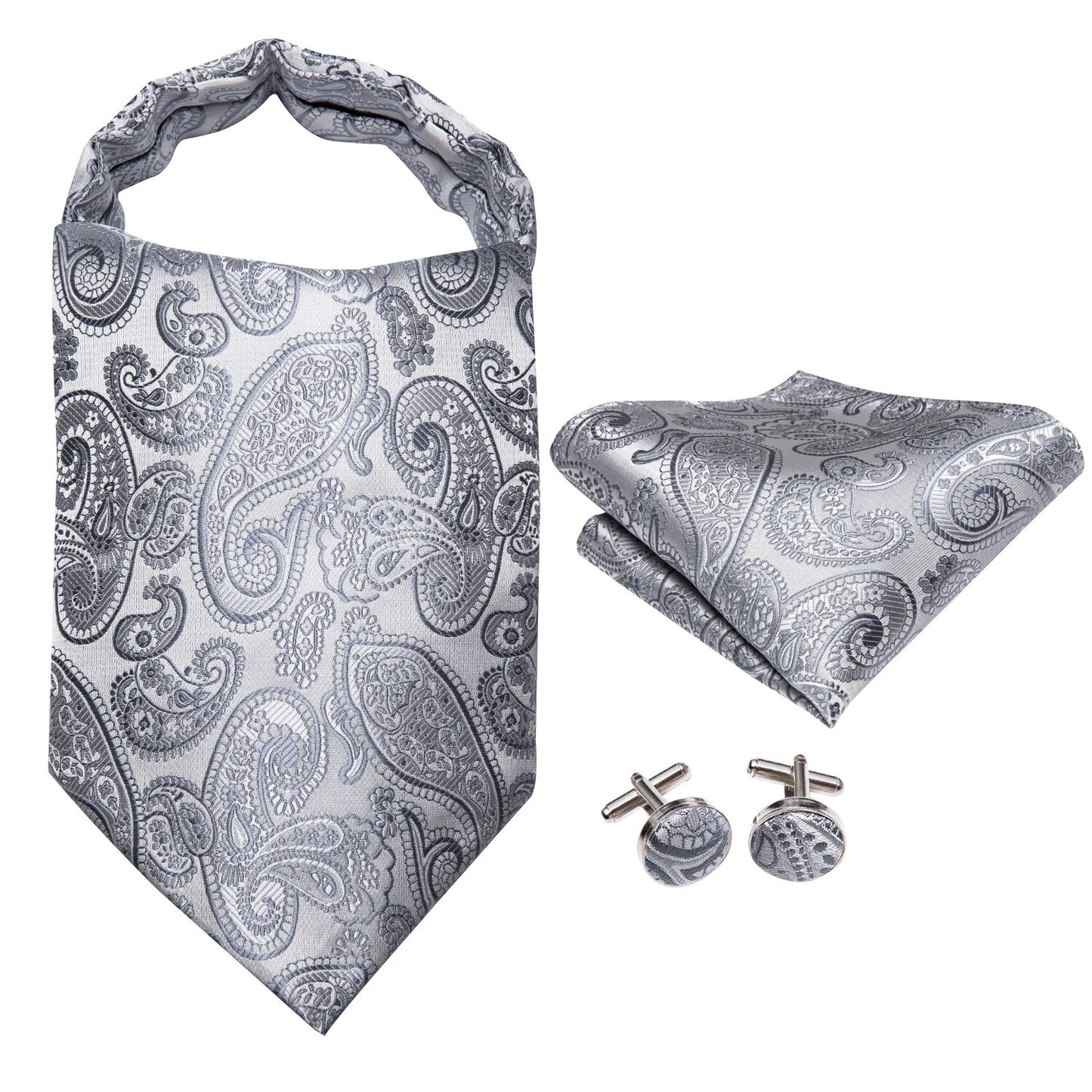 Hi-Tie Silk Mens Ascots Hanky Cufflinks Set Jacquard Paisley Floral Cravat