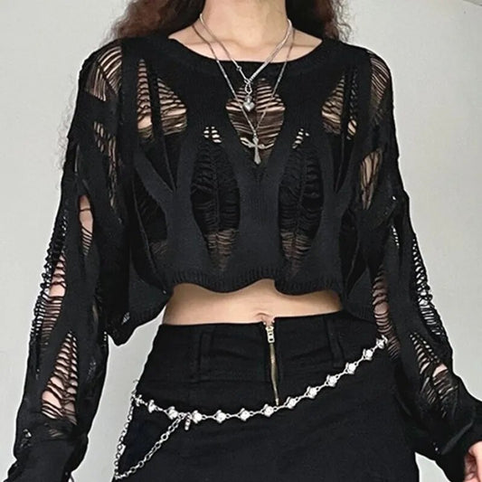 Hollow Net Pullovers Black Loose Top