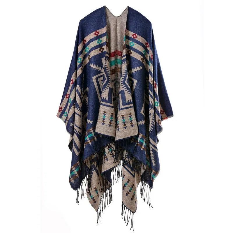 Tassel Cashmere Fork Shawl Poncho