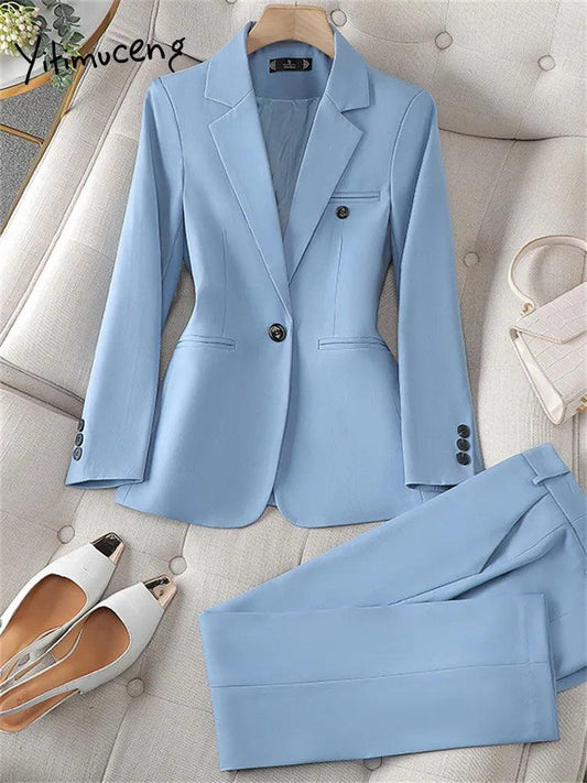 Blue Suits for Fashion Long Sleeve Blazer Chic High Waisted Pants