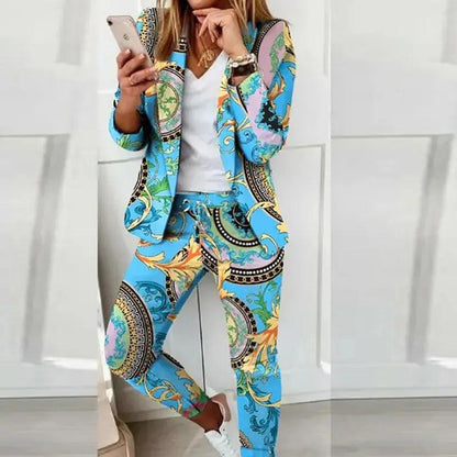 Elegant Office Women Blazers Pants Outfit Print Long Sleeve 2 pcs