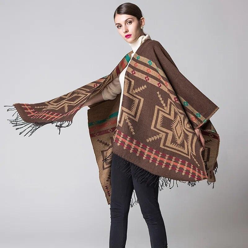 Tassel Cashmere Fork Shawl Poncho