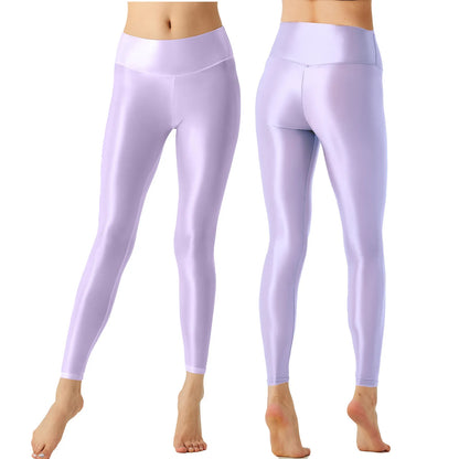 Solid Glossy Pilates Yoga Fitness Wide Elastic Waistband Leggings Stretchy Pants