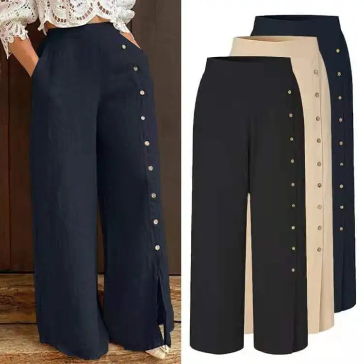 Button Down Split Wide Leg High Waist Loose Casual Pants