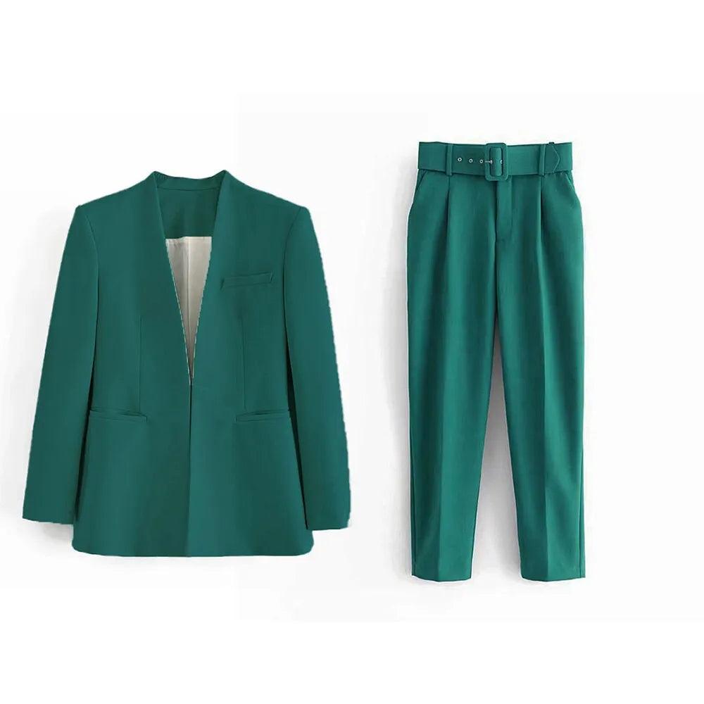 Two Pieces Set Office Wear Blazers Coat With Belt High Waist