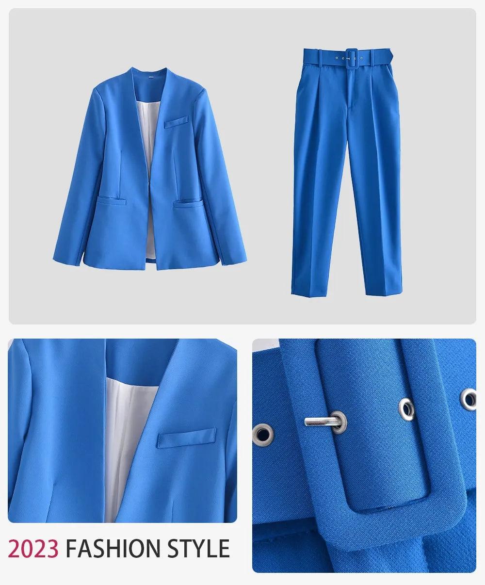 Two Pieces Set Office Wear Blazers Coat With Belt High Waist