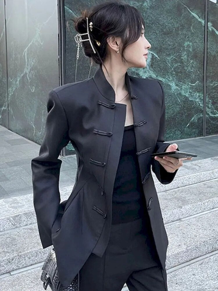 Black Blazer Casual Loose Long Sleeve Modern Women Chinese Style