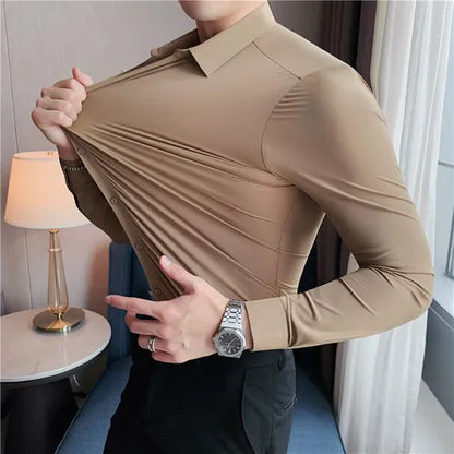 Stretchy High Elasticity Men Shirts Long Sleeve Slim Fit Casual