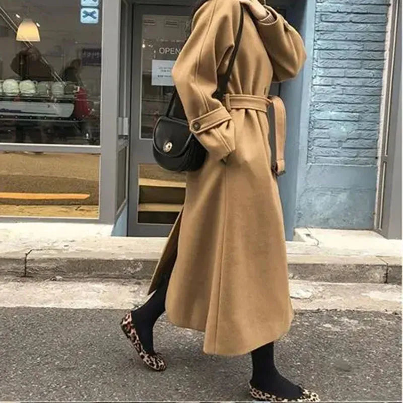 Faux Wool Elegant with Belt Thick Long Coat