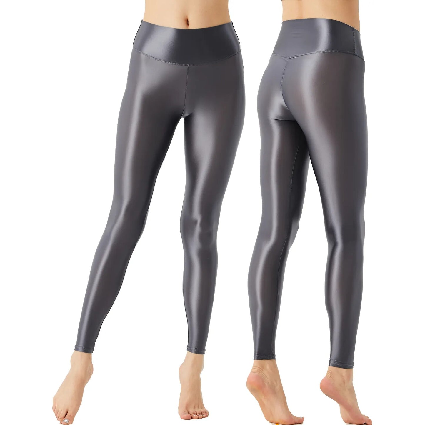 Solid Glossy Pilates Yoga Fitness Wide Elastic Waistband Leggings Stretchy Pants