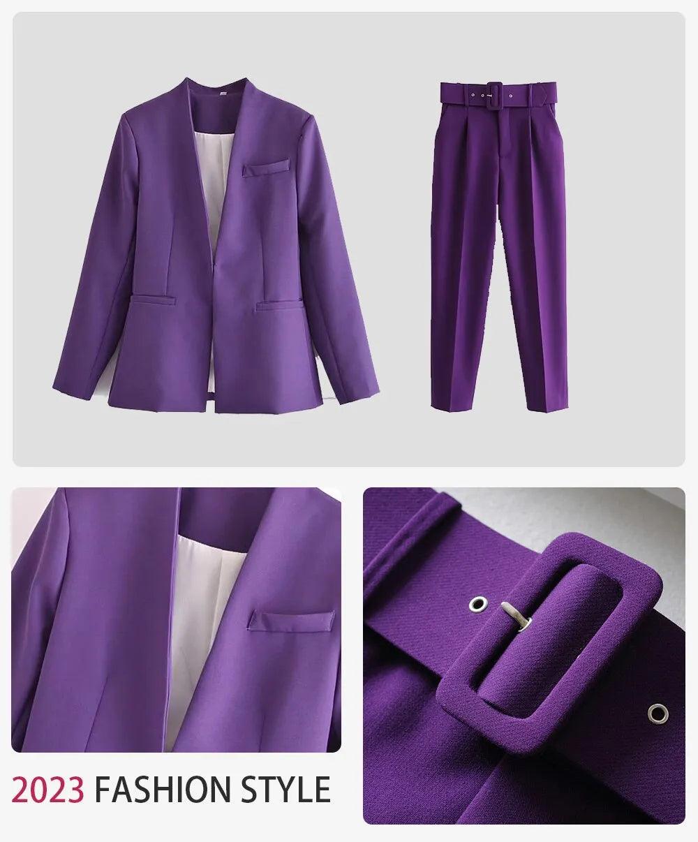 Two Pieces Set Office Wear Blazers Coat With Belt High Waist