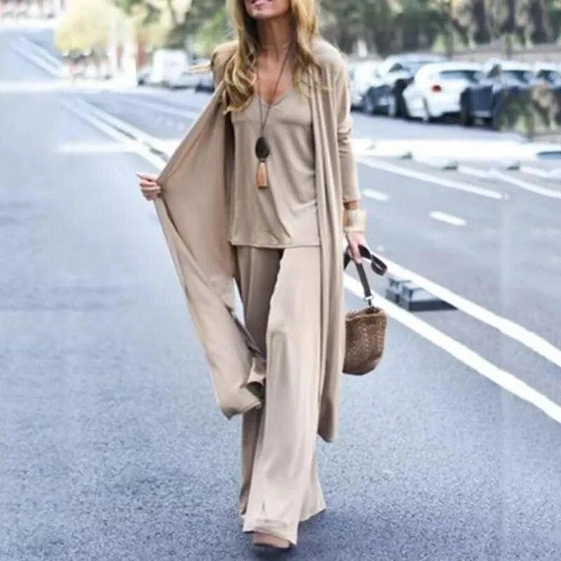 Casual Elegant Three Piece Set with Solid V-Neck Sling Tops Wide