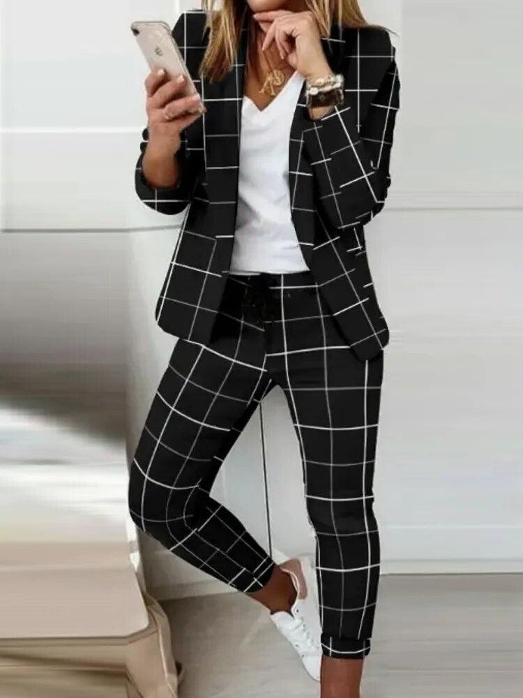 Elegant Office Women Blazers Pants Outfit Print Long Sleeve 2 pcs