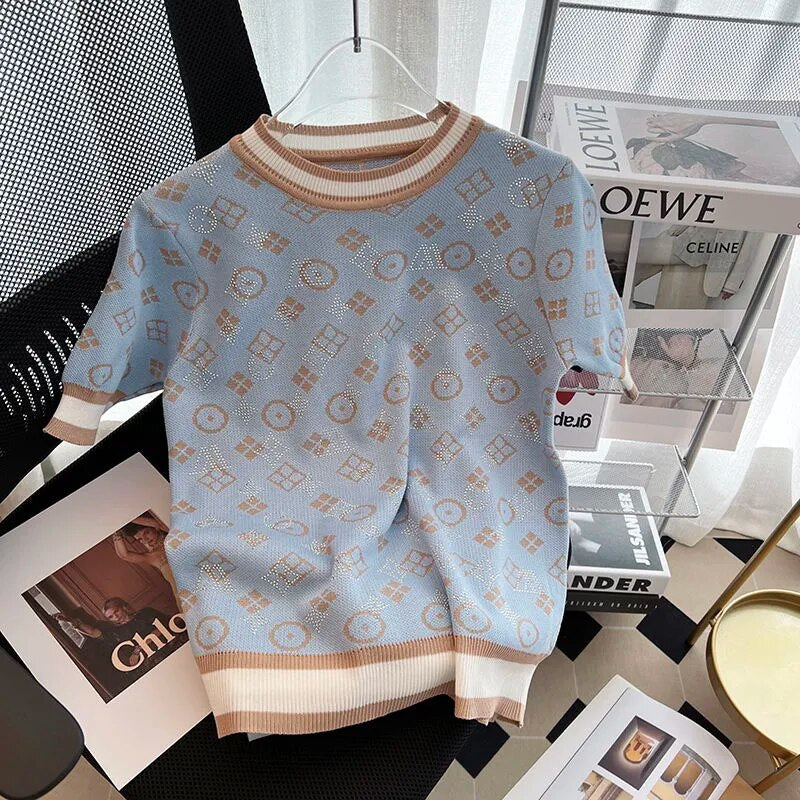 Short Sleeve Knit Glitter Slim Sweater