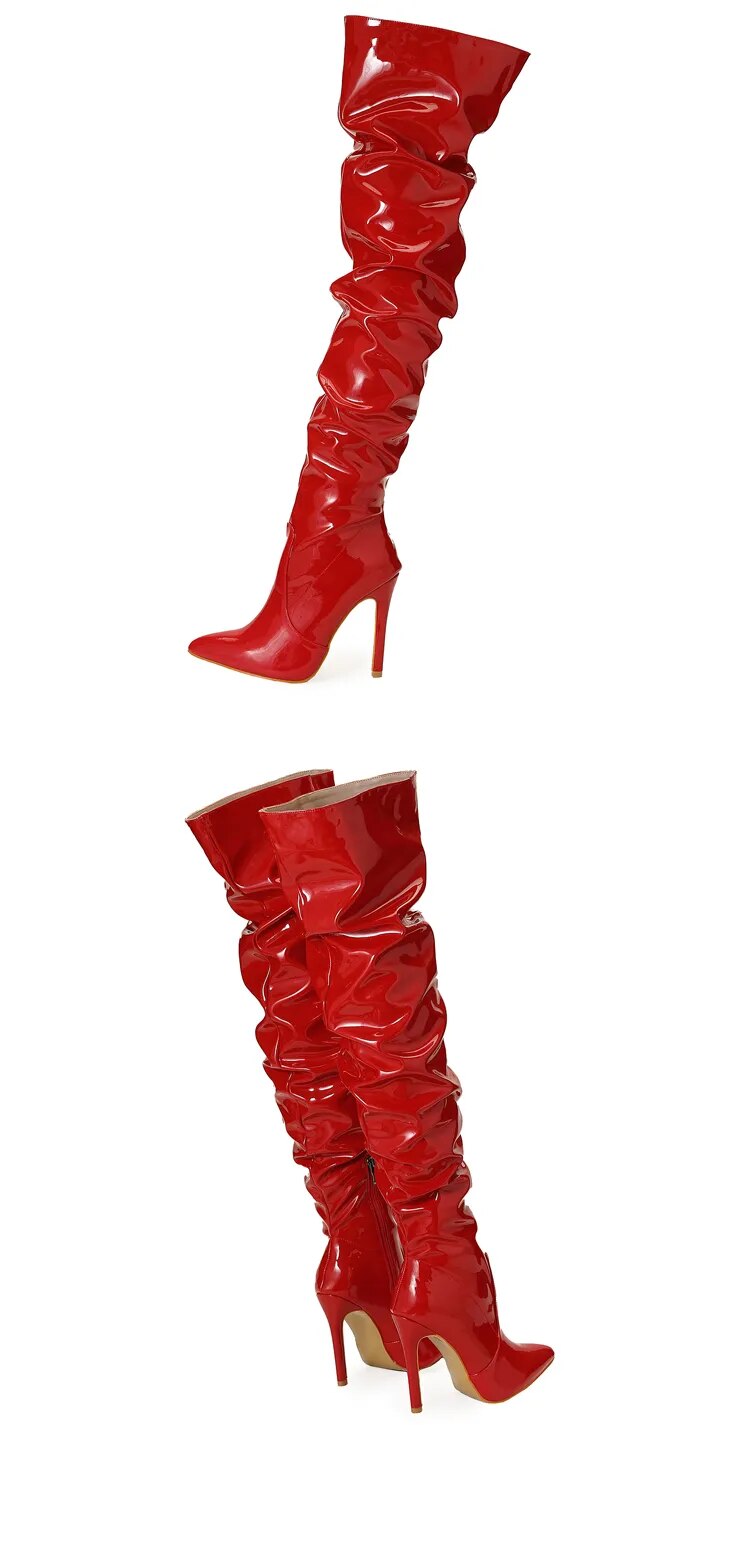 High Thigh Leather Pointy Toe Zipper Boots