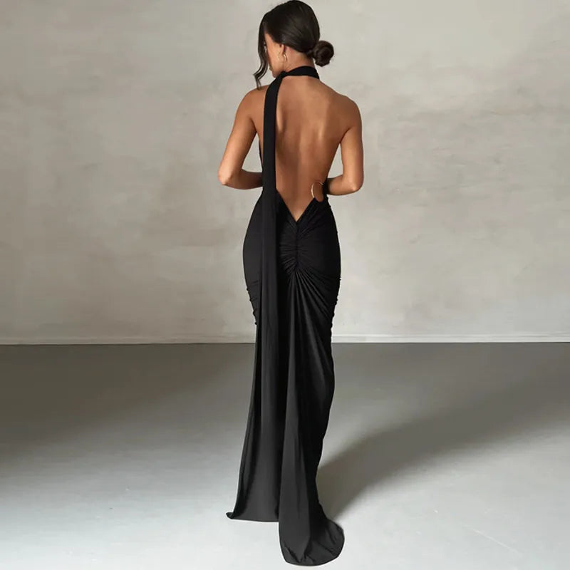 Oblique Shoulder Backless Maxi Dress Back Strap Sleeveless Long Dress