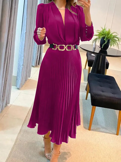 Ankle Length V Neck Long Sleeve Loose Elegant Office Dress