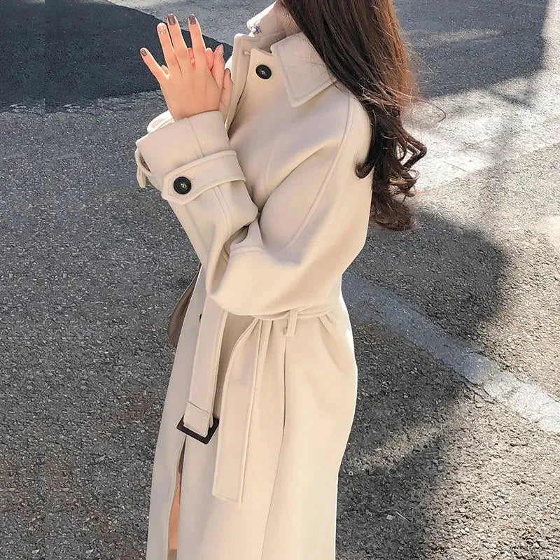 Faux Wool Elegant with Belt Thick Long Coat