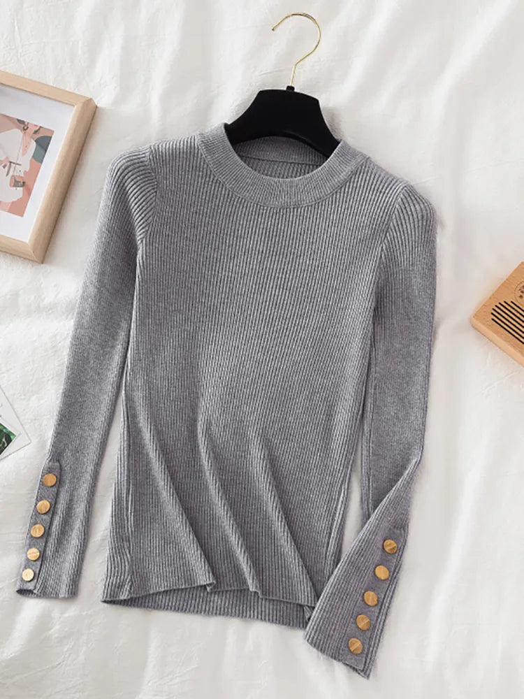 Thick pullovers casual button sleeves o-neck chic soft sweater