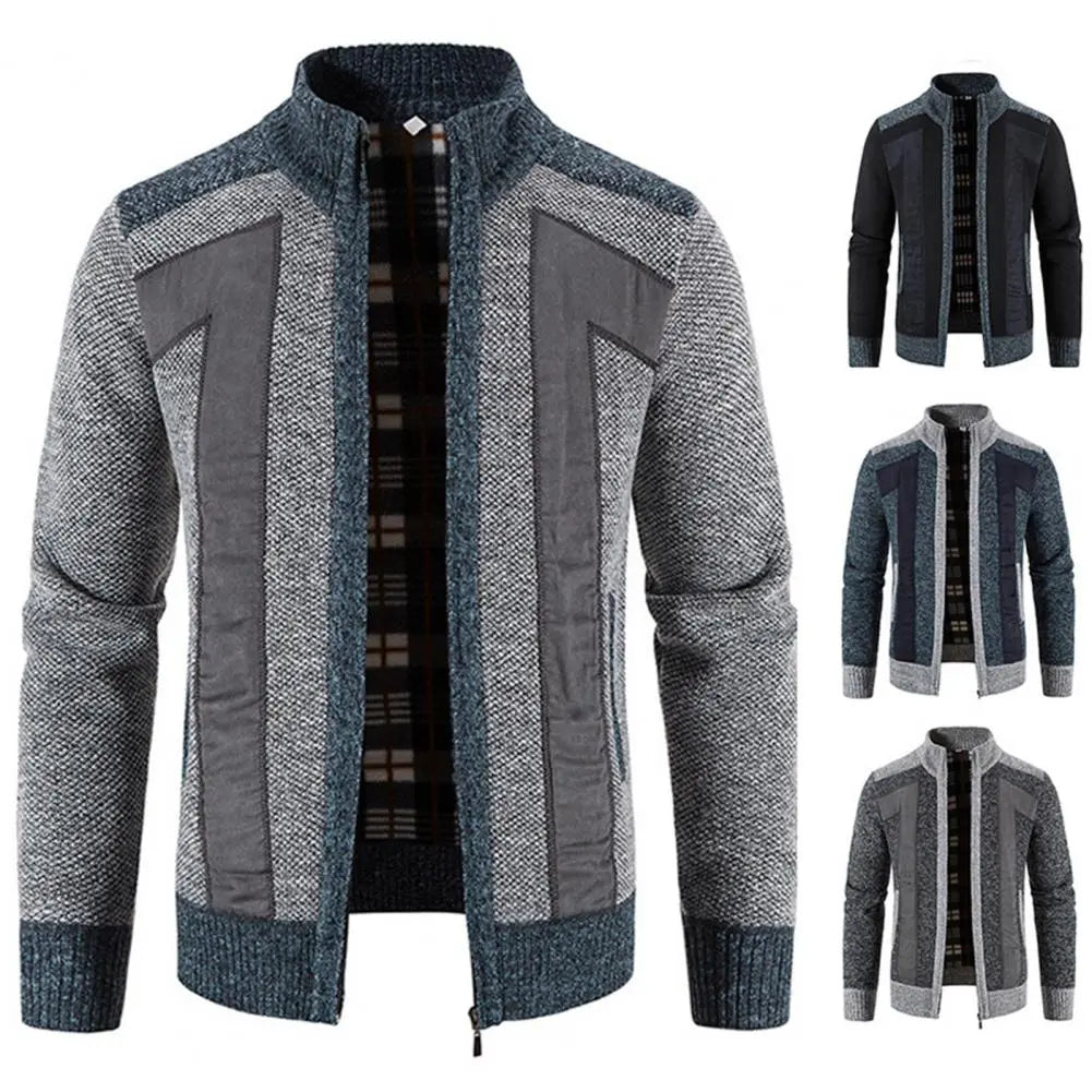 Men Cardigan Knit Patchwork Breathable Thick Long Sleeves