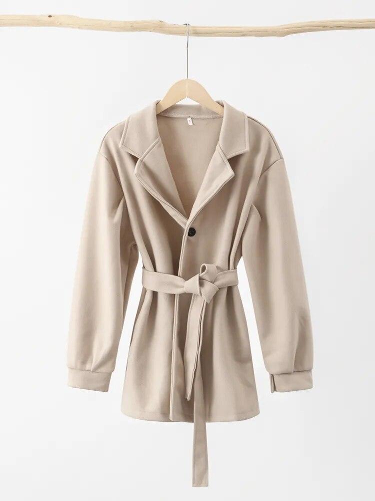 Long Puff Sleeve Clothes Autumn Elegant Belt Coat Women Chic Midi