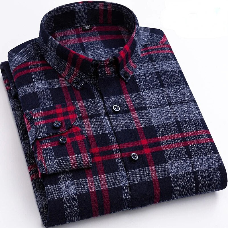 Pure Cotton Men's Plaid Long Sleeve Regular Fit Casual Plus Size