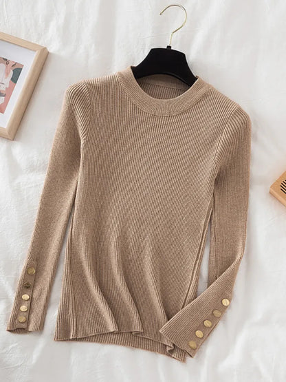 Thick pullovers casual button sleeves o-neck chic soft sweater