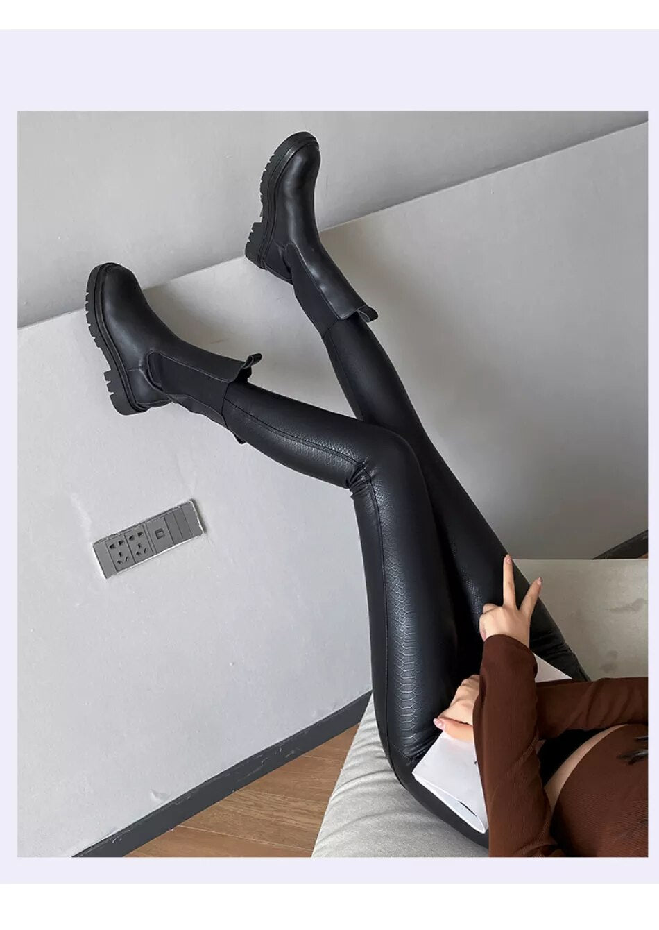 Pu Leather Women Winter High Waist Tights Stretch Soft Thin Fleece