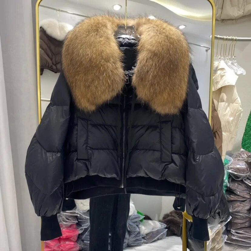 Real Raccoon Fur Collar Short Female Parkas Thick Warm Down Coat