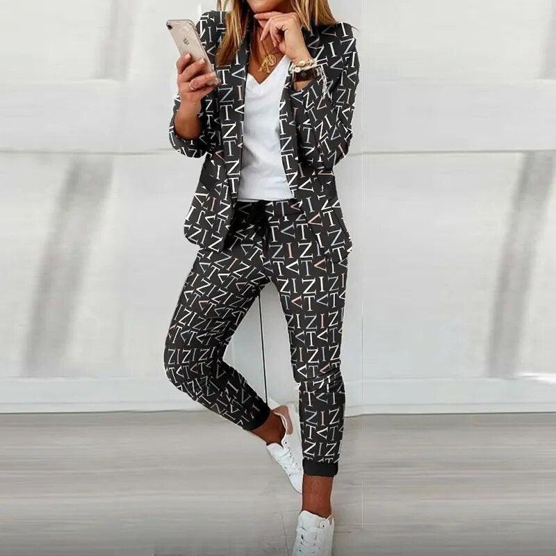 Elegant Office Women Blazers Pants Outfit Print Long Sleeve 2 pcs