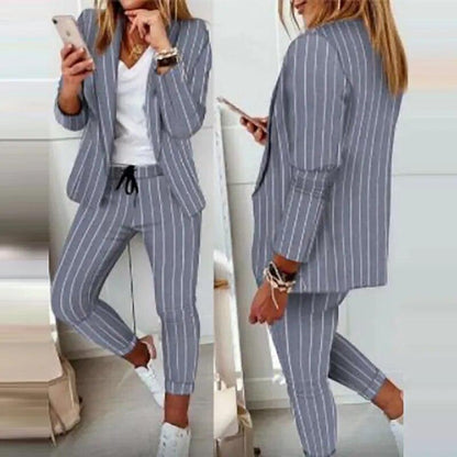 Elegant Office Women Blazers Pants Outfit Print Long Sleeve 2 pcs